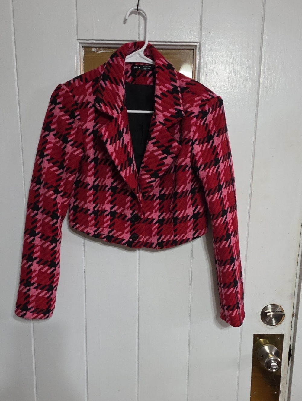 Shein Women’s Pink/Black/Red Plaid Cropped Blazer Jacket Stylish Sz S EUC